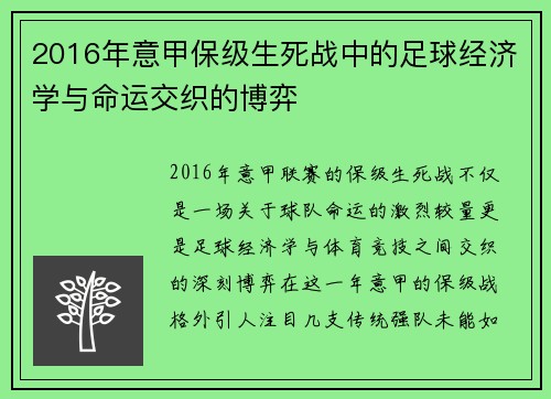 2016年意甲保级生死战中的足球经济学与命运交织的博弈